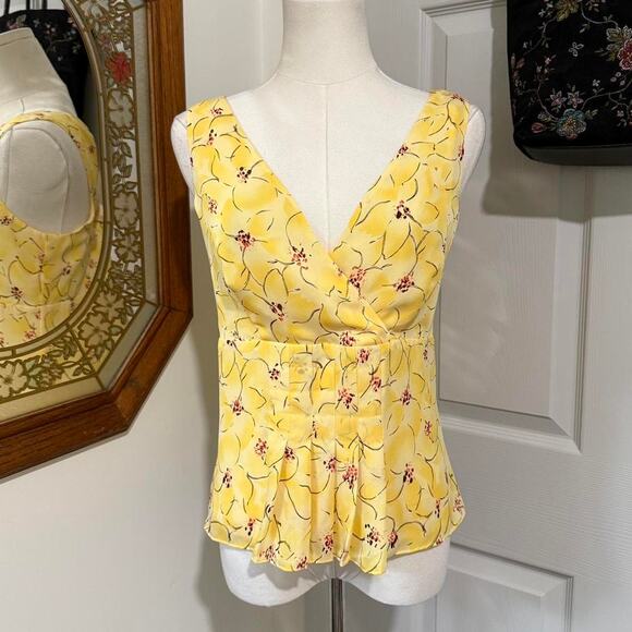 Ann Taylor Tops - NWT VTG Y2K Ann Taylor Yellow Floral Silk Sleeveless Faux Wrap Top 10/M